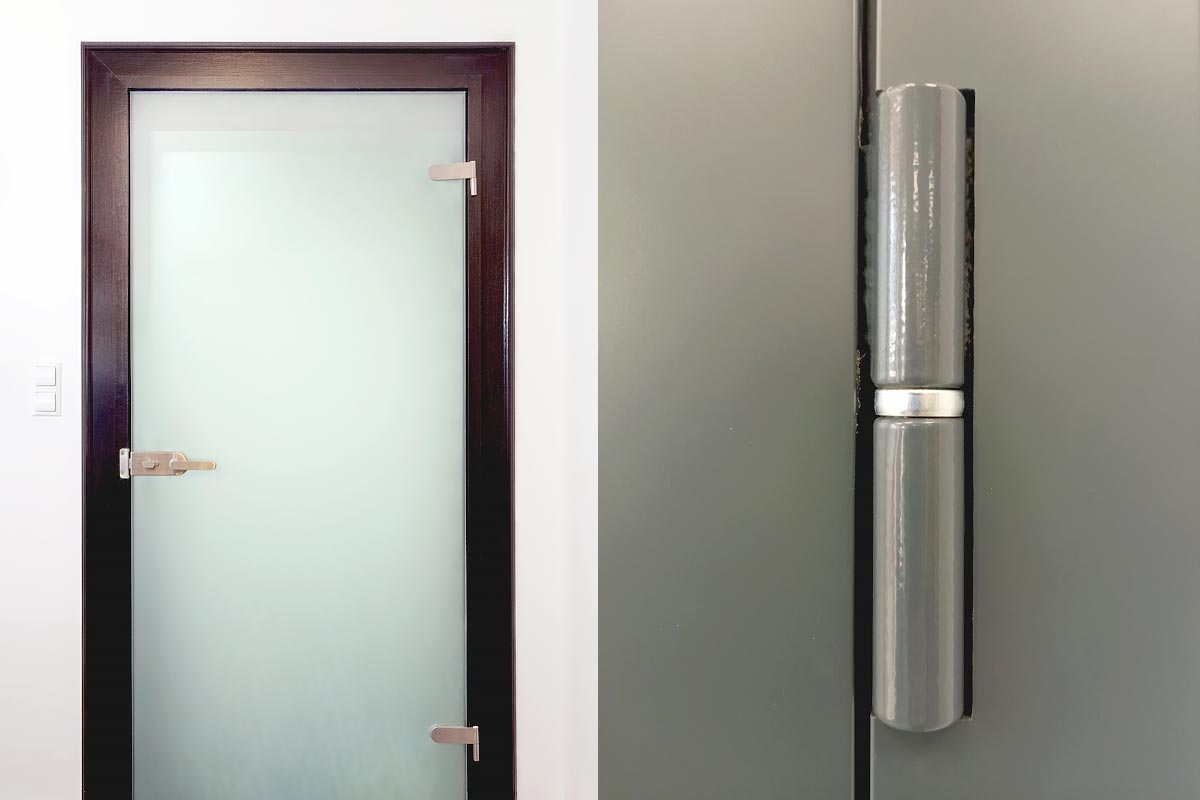 Kairėje – modernios matinio stiklo ofiso durys, jų vyrius ir spynas reguliuojame ir keičiame; dešinėje – šarvo durų vyris, taikomas prie durų gabaritų
